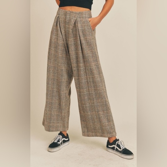 Sage Pants - Sage Wide Leg Plaid Pants - Brown